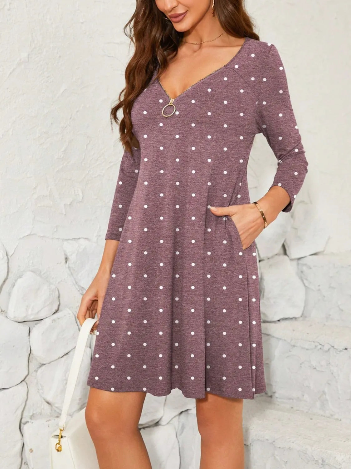 Polka Dot Quarter Zip Long Sleeve Dress Casual Dresses - Tophatter Daily Deals