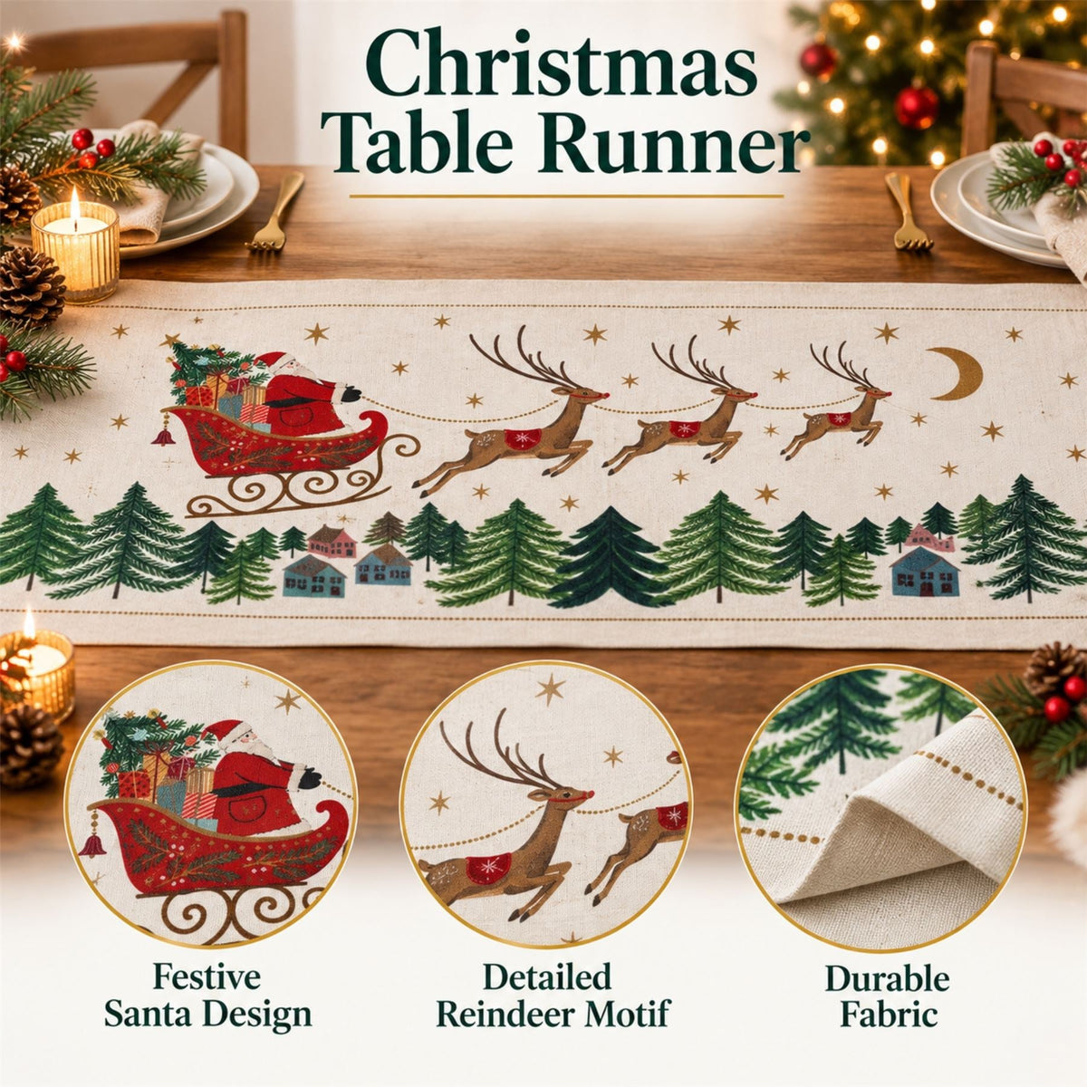 Santa's Sleigh Christmas Table Runner, Gisela Graham Festive Fabric 140cm x 40cm Table Runner - Tophatter Daily Deals