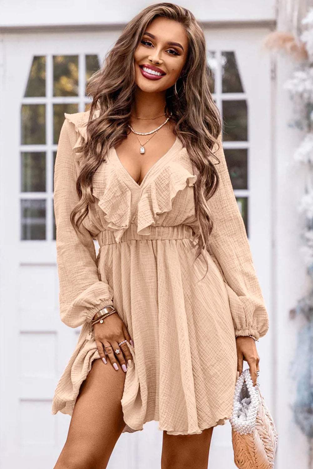 Ruffle Trim V-Neck Long Sleeve Mini Dress Casual Dresses - Tophatter Daily Deals