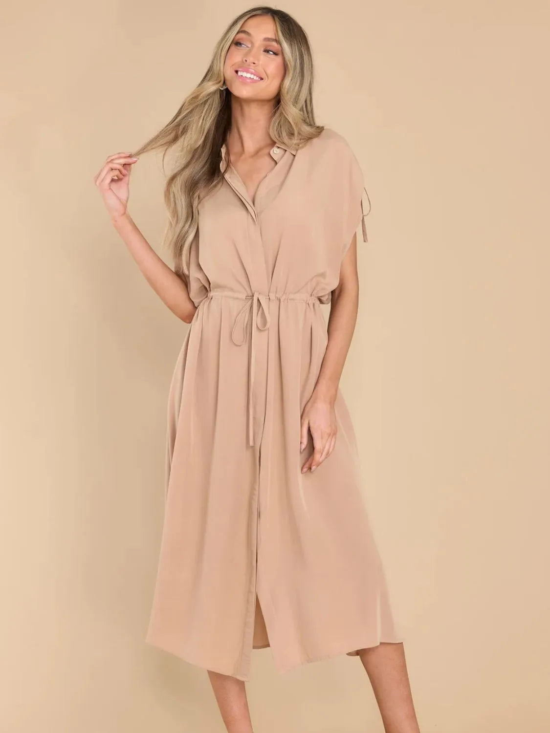 Drawstring Collared Neck Short Sleeve Midi Dress Casual Dresses - Tophatter Daily Deals