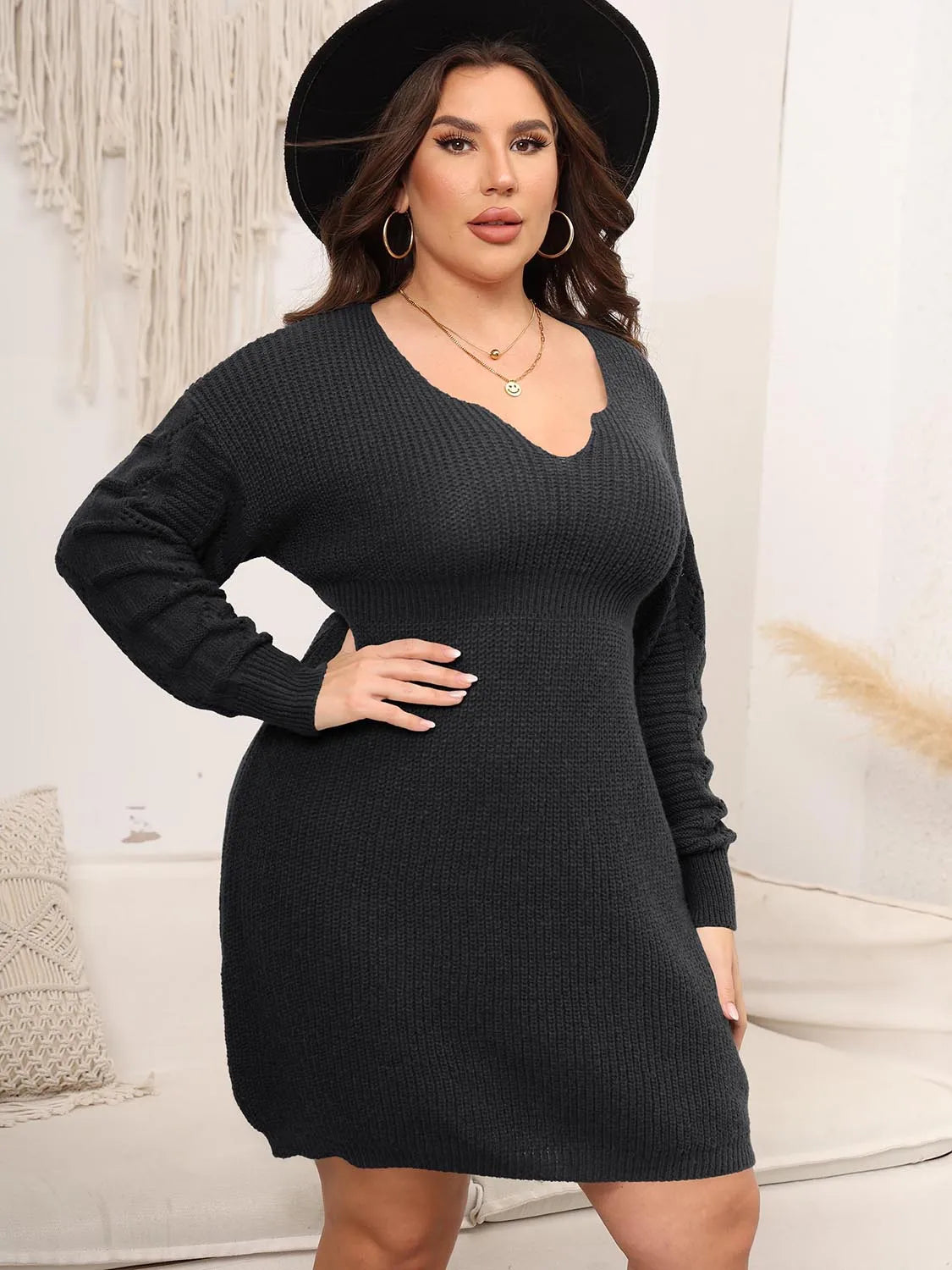 Plus Size Dropped Shoulder Long Sleeve Knit Mini Dress Casual Dresses - Tophatter Daily Deals