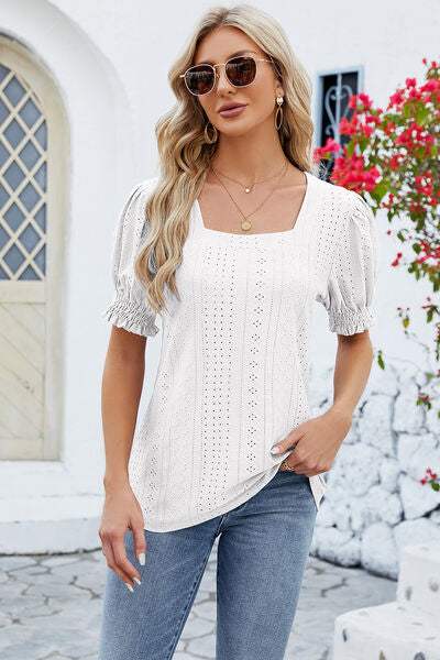 Eyelet Square Neck Short Sleeve T-Shirt White Women's T-Shirts - Tophatter Daily Deals