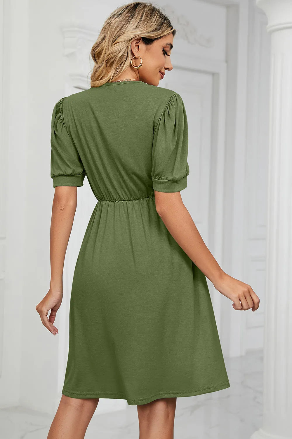 V-Neck Puff Sleeve Dress Casual Dresses - Tophatter Daily Deals