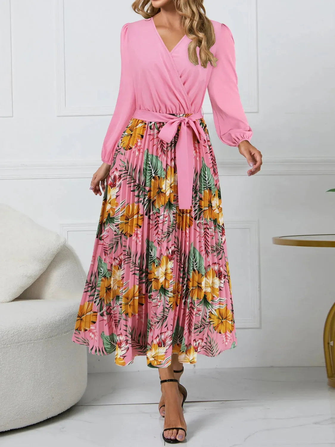 Pleated Printed Surplice Long Sleeve Dress Casual Dresses - Tophatter Daily Deals