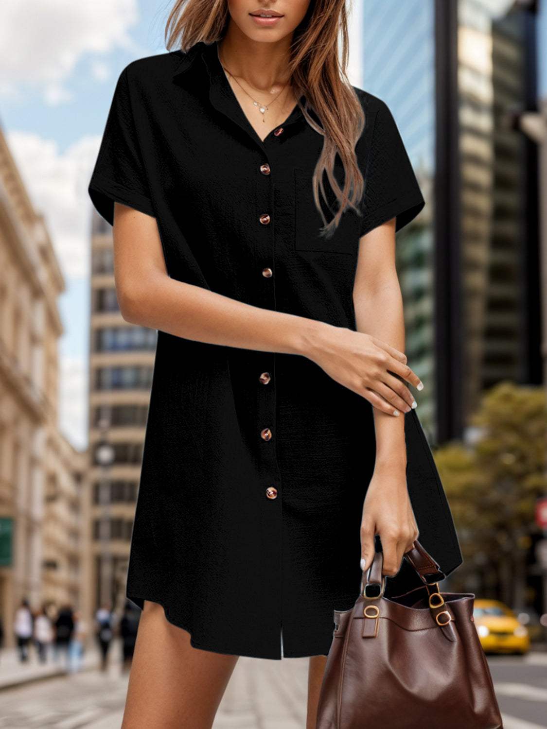 Pocketed Button Up Short Sleeve Dress Black Casual Dresses - Tophatter Daily Deals