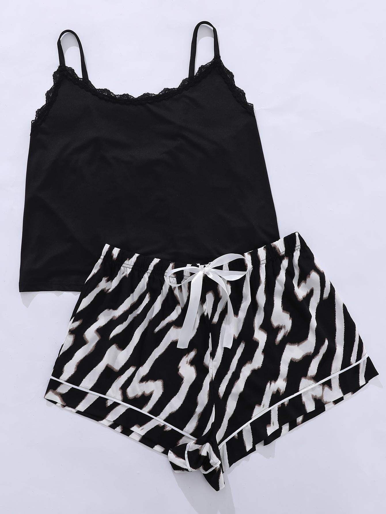 Plus Size Lace Trim Scoop Neck Cami and Printed Shorts Pajama Set Zebra Loungewear Sets - Tophatter Daily Deals