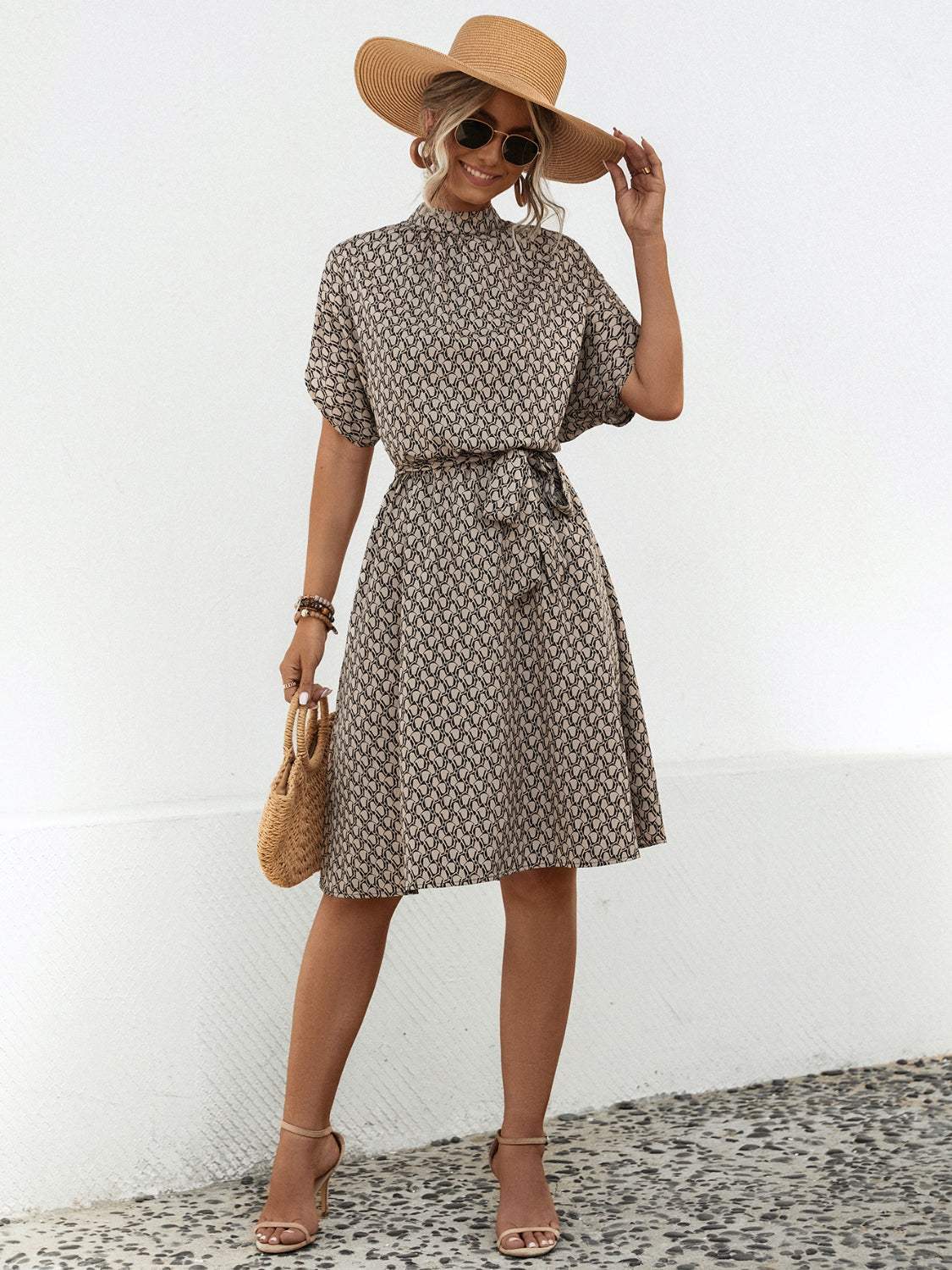 Tied Printed Mock Neck Short Sleeve Dress Casual Dresses - Tophatter Daily Deals