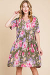 BOMBOM Flower Print V-Neck Ruched Dress Floral Casual Dresses - Tophatter Daily Deals