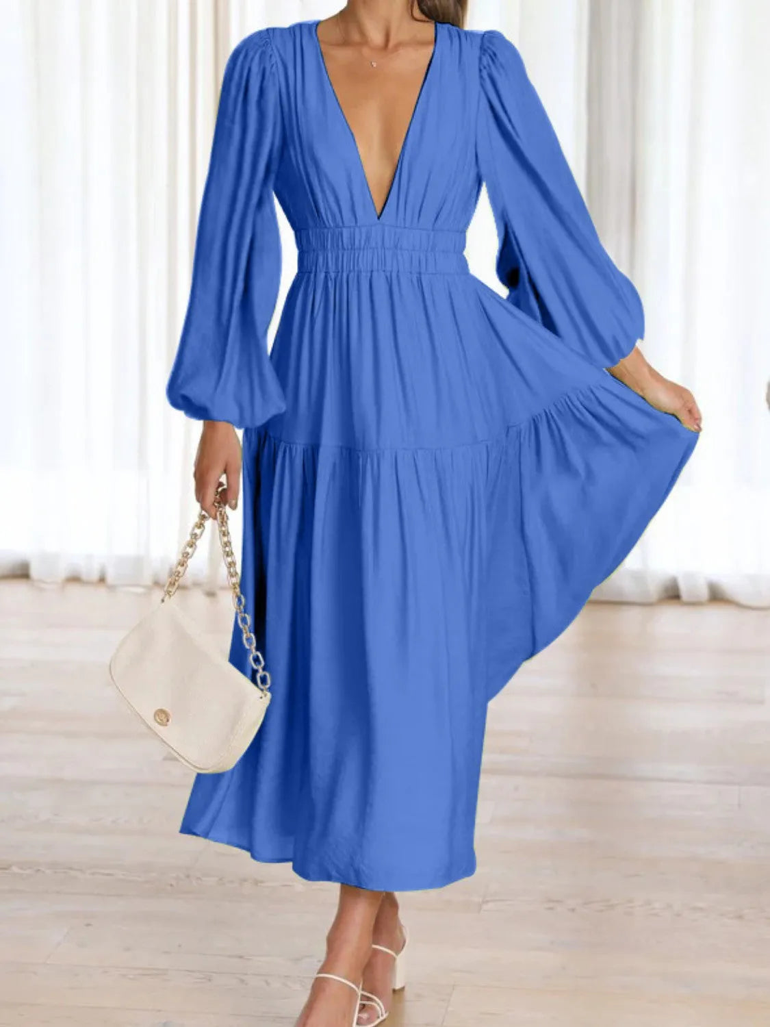 Deep V-Neck Balloon Sleeve Plain Maxi Dress Casual Dresses - Tophatter Daily Deals