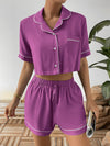 Contrast Lapel Collar Cropped Shirt and Shorts Lounge Set Red-Violet Loungewear Sets - Tophatter Daily Deals