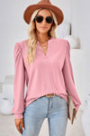 Ruched Notched Long Sleeve T-Shirt Blush Pink Women's T-Shirts - Tophatter Daily Deals