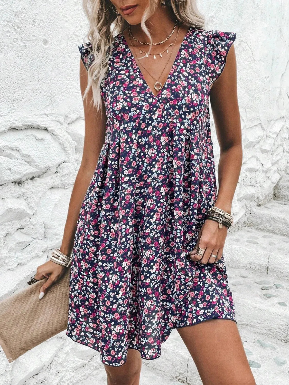 Printed V-Neck Cap Sleeve Mini Dress Casual Dresses - Tophatter Daily Deals