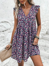Printed V-Neck Cap Sleeve Mini Dress Casual Dresses - Tophatter Daily Deals