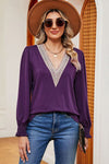 Lace Detail V-Neck Lantern Sleeve T-Shirt Violet Women's T-Shirts - Tophatter Daily Deals