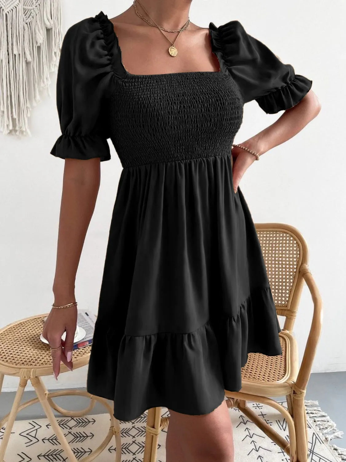 Smocked Square Neck Short Sleeve Dress Black Casual Dresses - Tophatter Daily Deals