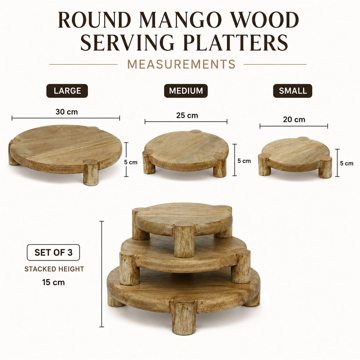 Set of 3 Round Mango Wood Serving Platters, Raised Serving Boards Serving Board - Tophatter Daily Deals