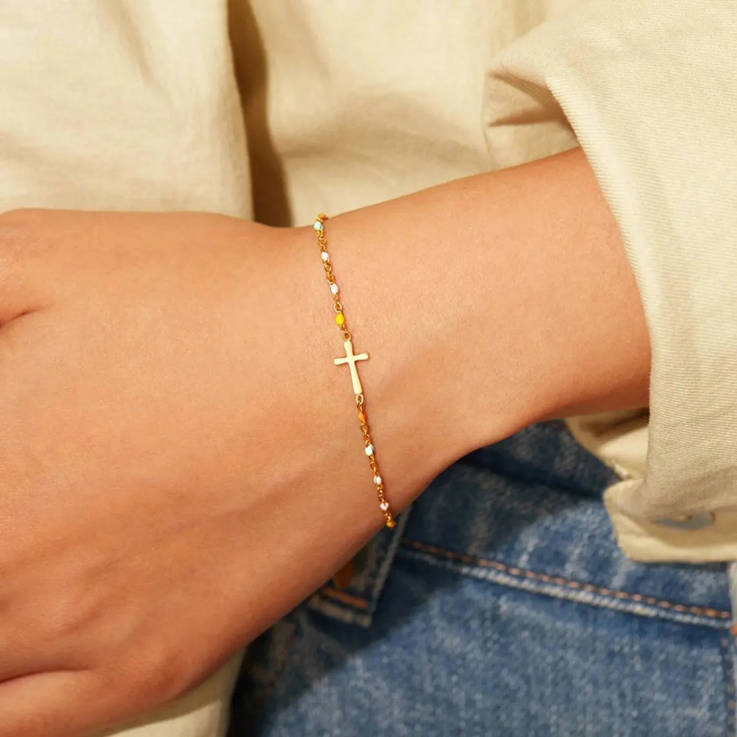18K Gold-Plated Cross Bead Bracelet Bracelets - Tophatter Daily Deals