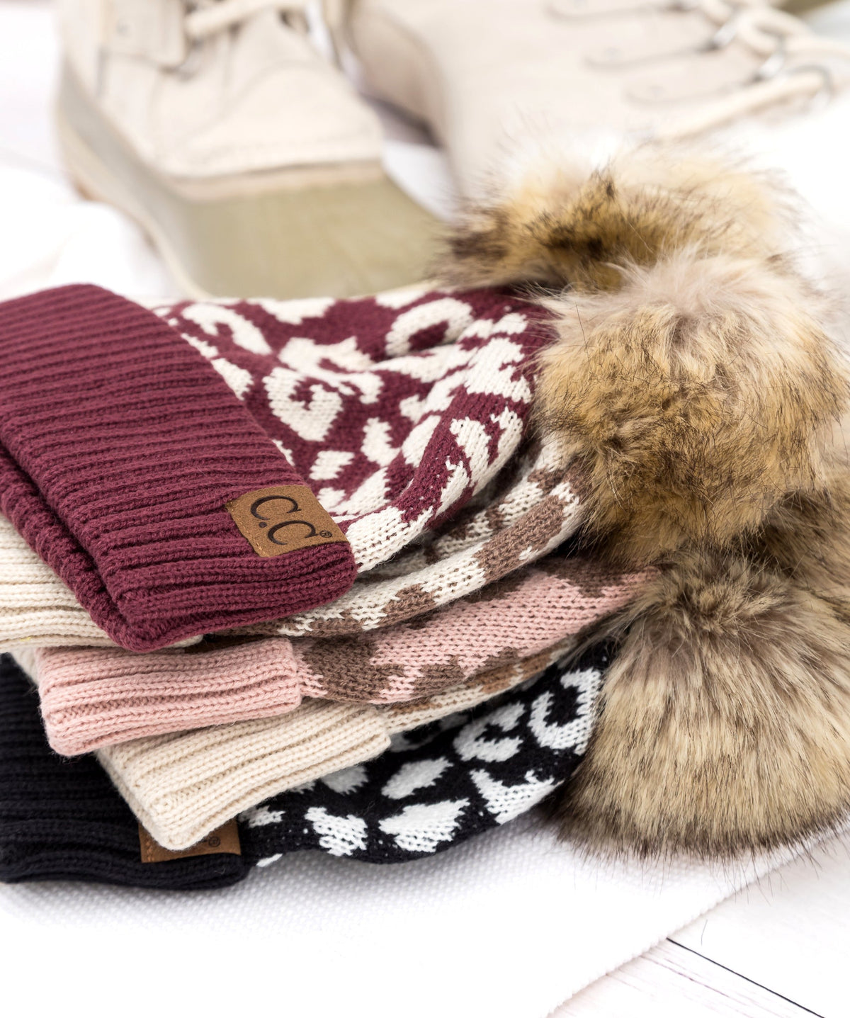 C.C® Natural Leopard Pom Beanie Hats - Tophatter Daily Deals