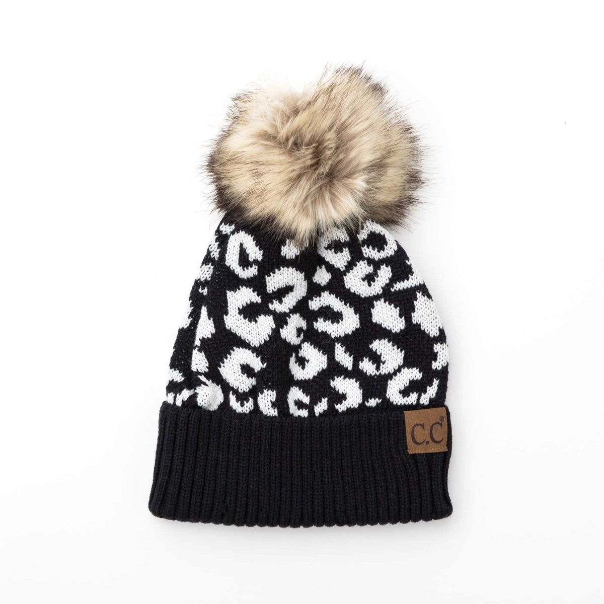 C.C® Natural Leopard Pom Beanie Black Hats - Tophatter Daily Deals