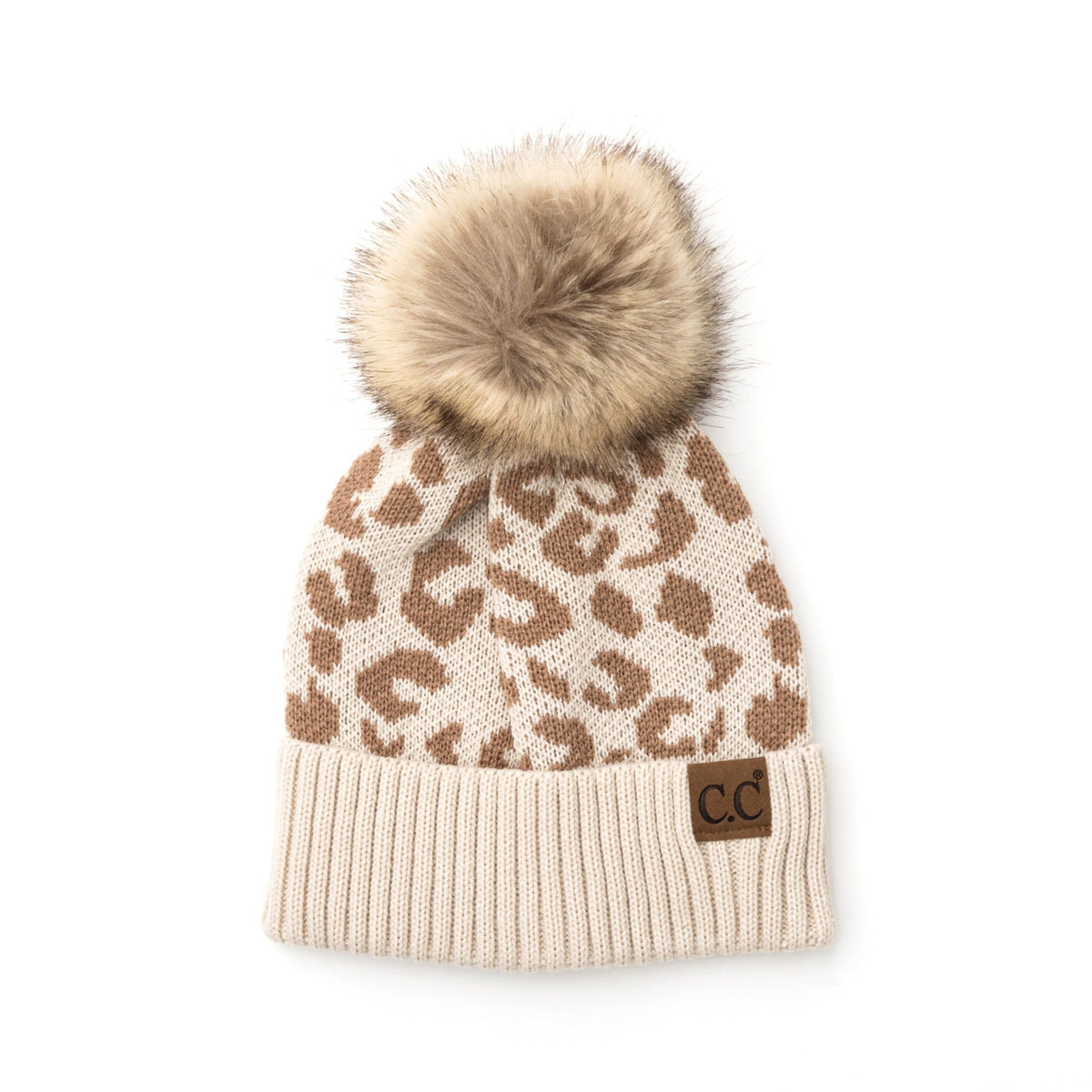 C.C® Natural Leopard Pom Beanie Beige Hats - Tophatter Daily Deals