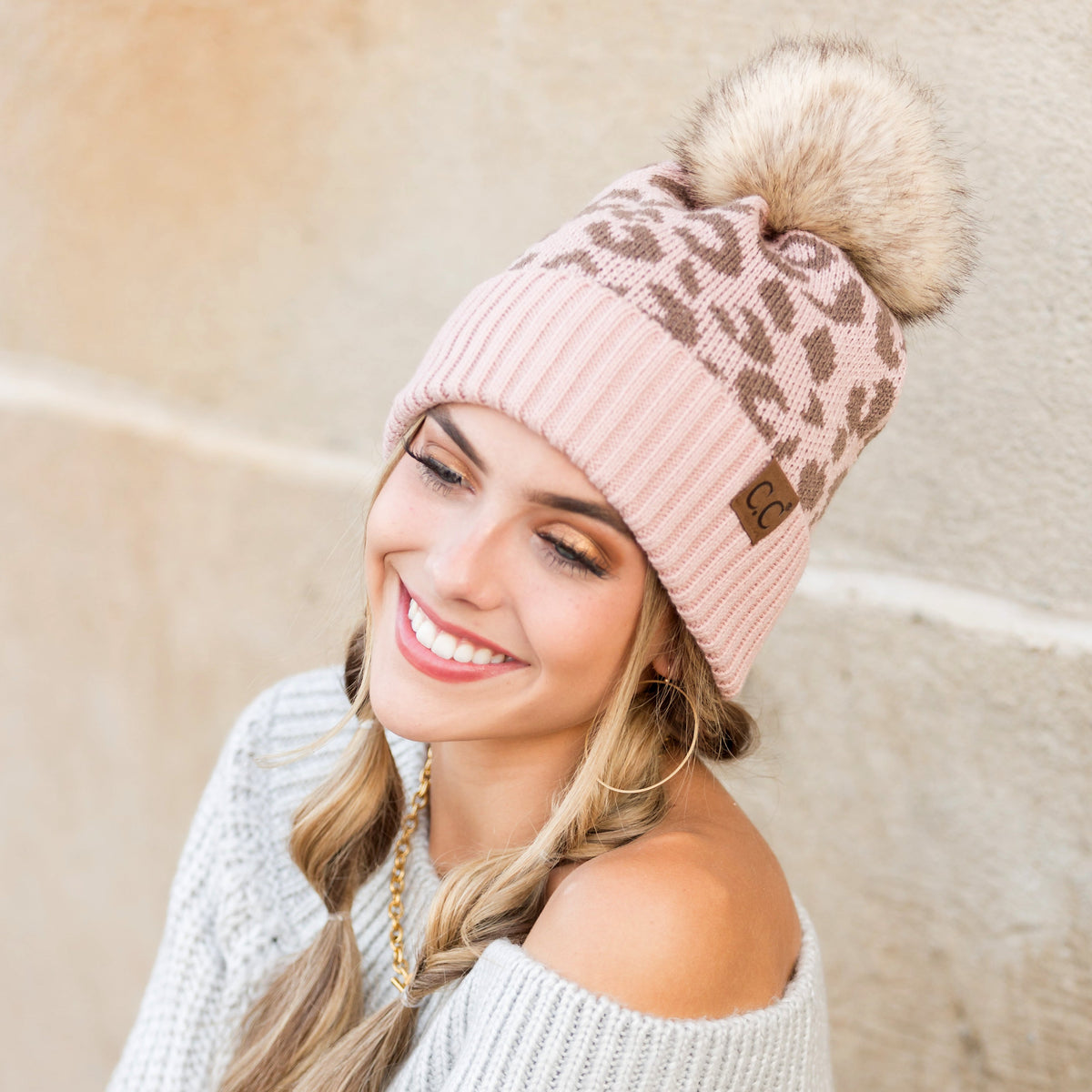 C.C® Natural Leopard Pom Beanie Hats - Tophatter Daily Deals