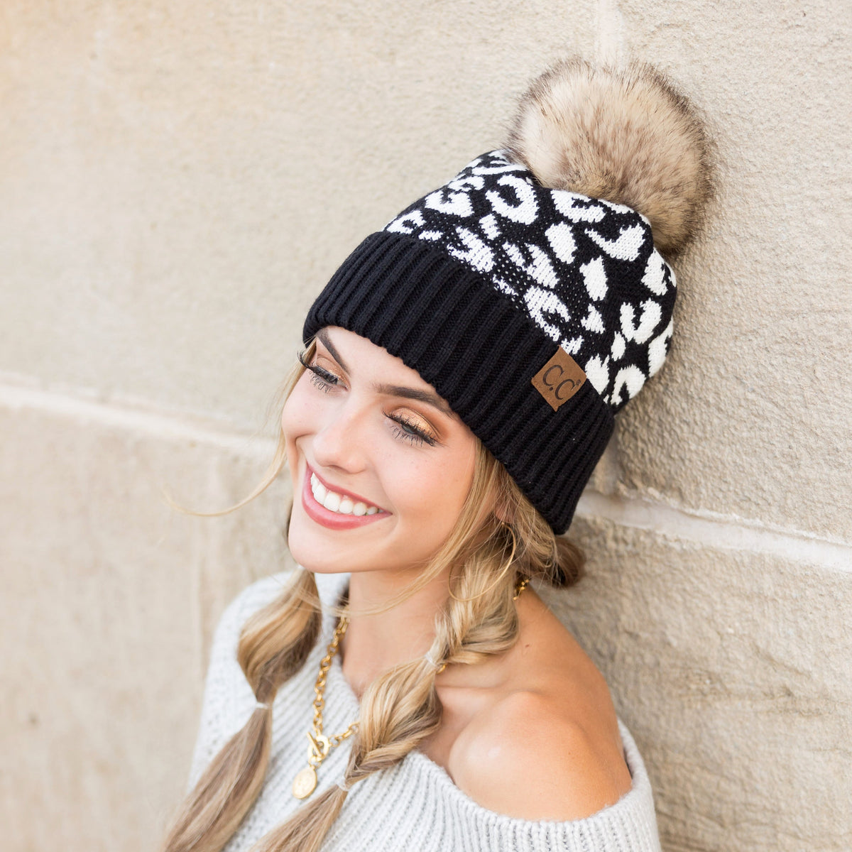 C.C® Natural Leopard Pom Beanie Hats - Tophatter Daily Deals