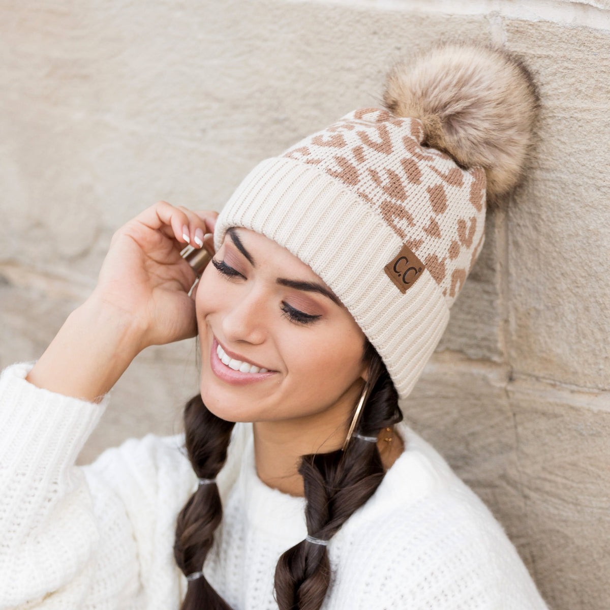 C.C® Natural Leopard Pom Beanie Hats - Tophatter Daily Deals