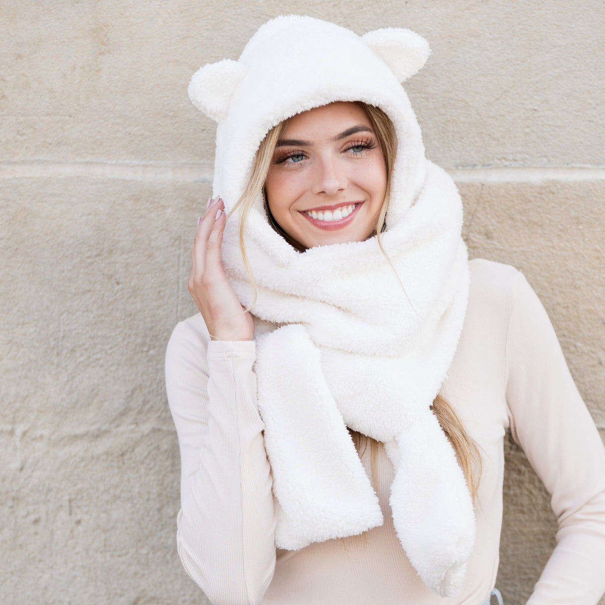Teddy Bear Hooded Scarf Cream Gloves, Scarves & Earmuffs - Tophatter Daily Deals