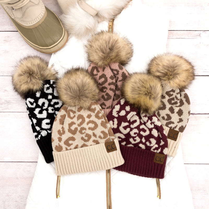 C.C® Natural Leopard Pom Beanie Hats - Tophatter Daily Deals