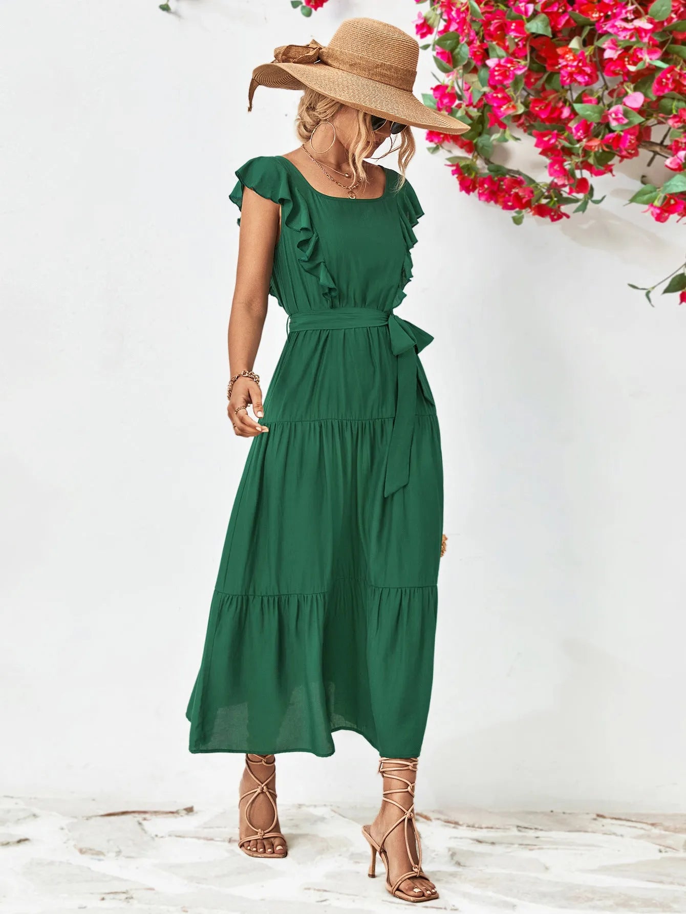 Tie Belt Ruffled Tiered Dress Casual Dresses - Tophatter Daily Deals