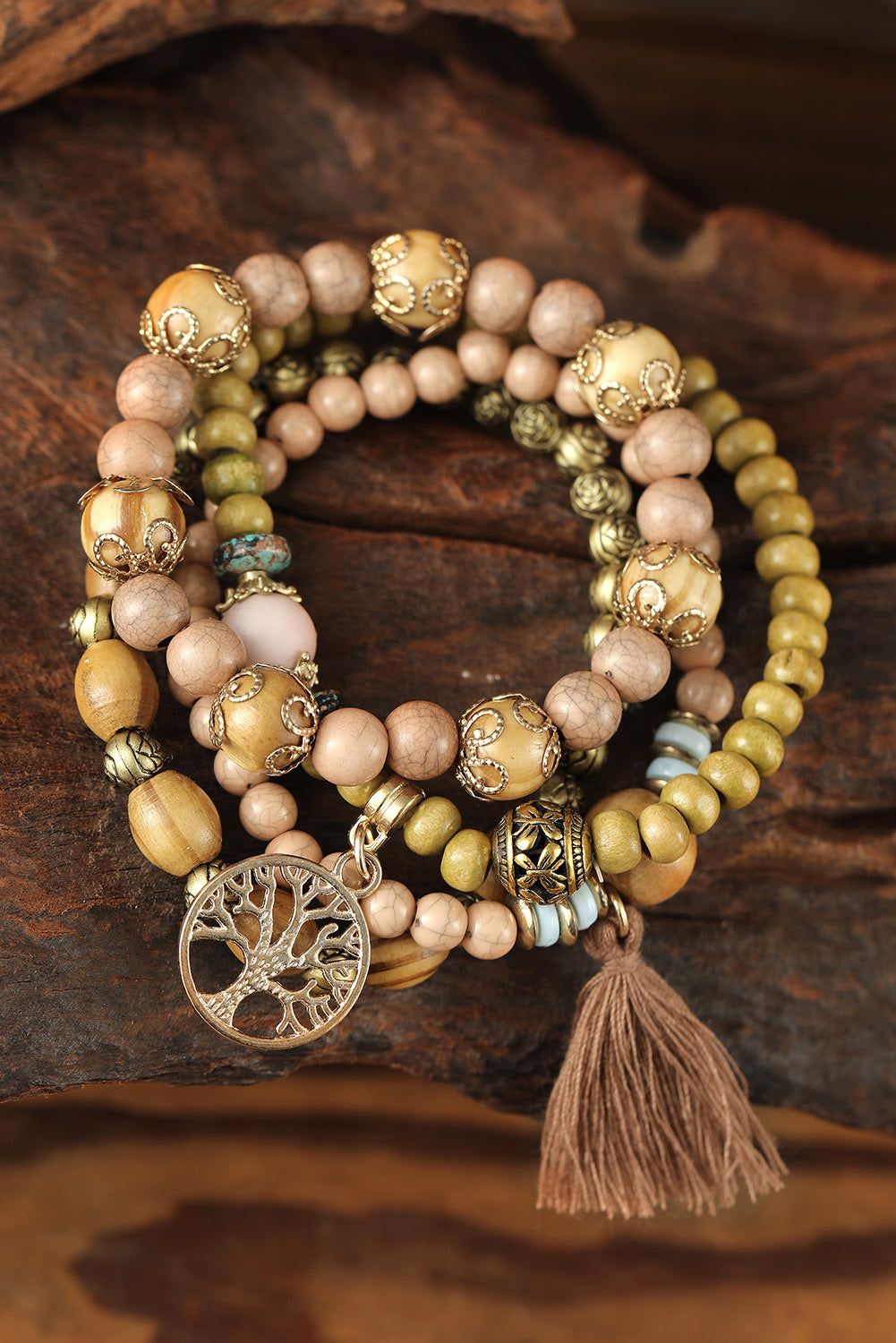 Brown Tree Of Life Charm Tassel Layers Wood Beads Bracelet Bracelets - Tophatter Daily Deals