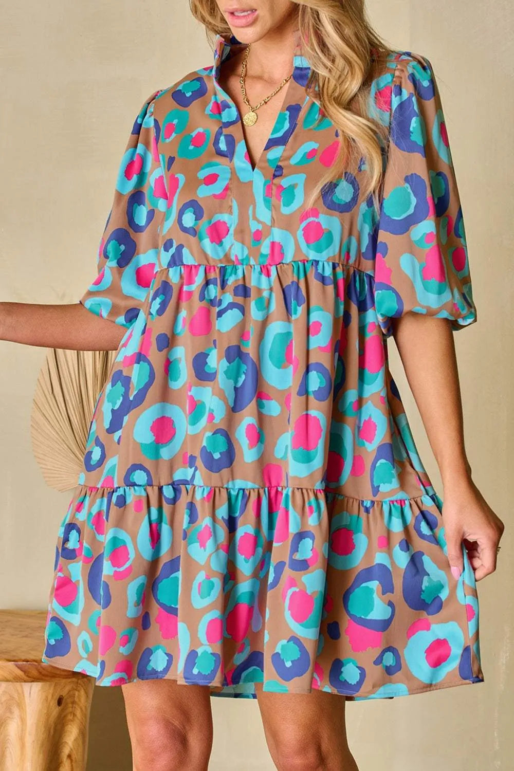Notched Balloon Sleeve Mini Dress Multicolor Casual Dresses - Tophatter Daily Deals