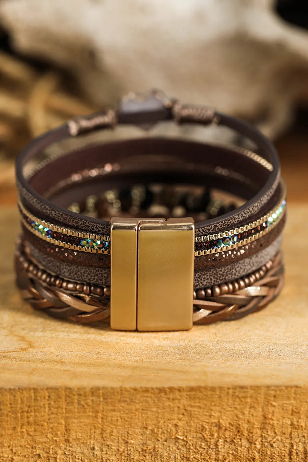 Brown Glittering Heart Accent Multi-layer Vintage PU Bracelet Bracelets - Tophatter Daily Deals