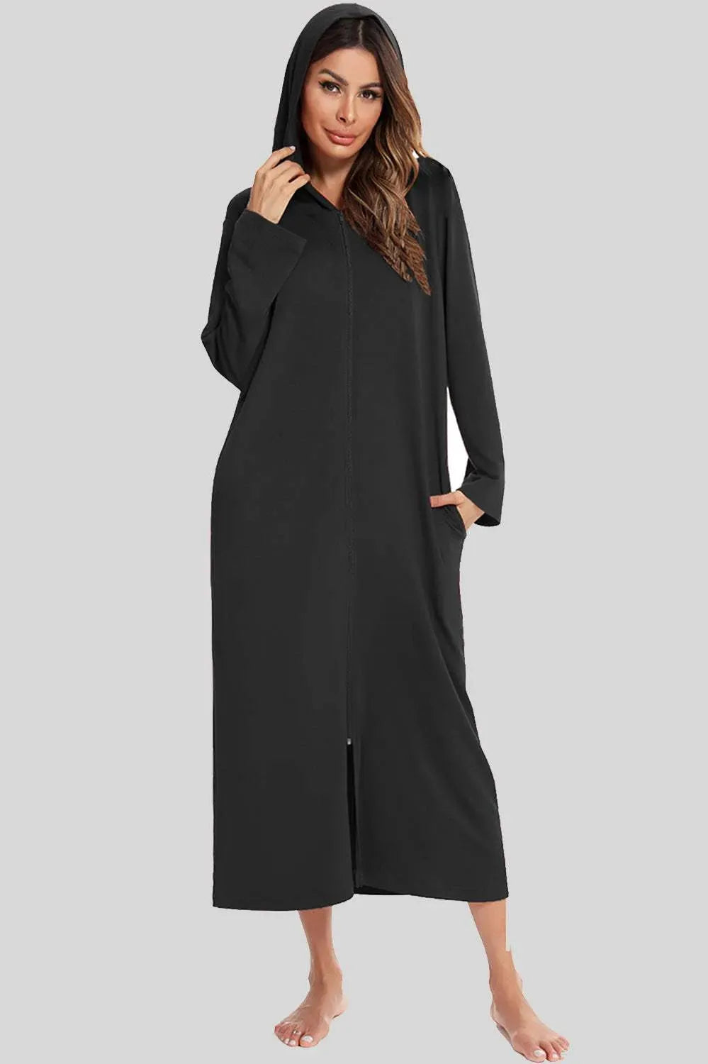 Zip Front Hooded Night Dress with Pockets Black Sleep Dresses - Tophatter Daily Deals