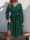 Lace V-Neck Long Sleeve Pleated Dress Casual Dresses - Tophatter Daily Deals