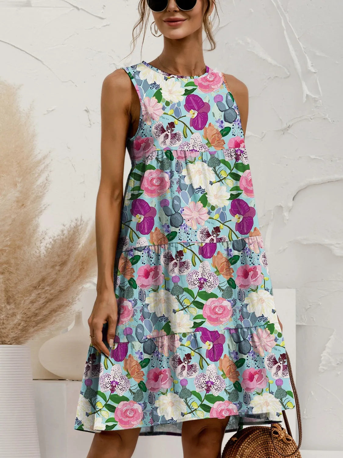 Printed Round Neck Sleeveless Tiered Dress Floral Casual Dresses - Tophatter Daily Deals