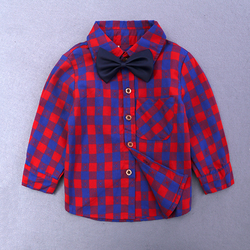Boy's Long-sleeved Plaid Shirt Denim Trousers Three-piece Set 0 - Tophatter Daily Deals