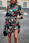 Printed Tie Waist Mock Neck Lantern Sleeve Dress Casual Dresses - Tophatter Daily Deals