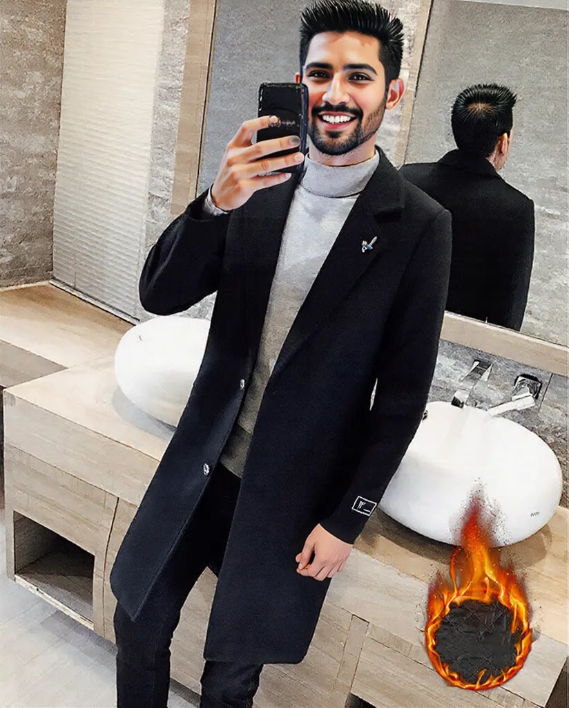 Black fashionable Winter men's long overcoat Black 0 - Tophatter Daily Deals