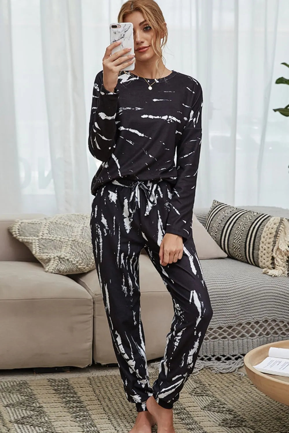 Tie-Dye Round Neck Top and Drawstring Waist Joggers Lounge Set Black Loungewear Sets - Tophatter Daily Deals