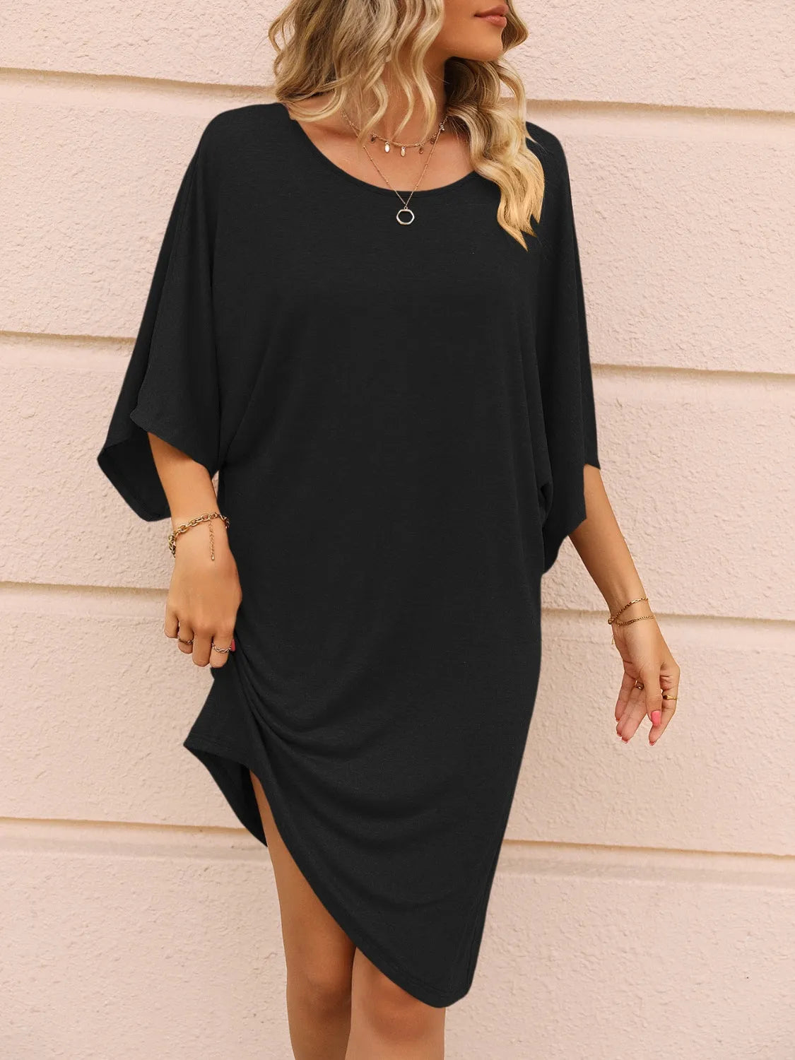 Round Neck Three-Quarter Sleeve Tee Dress Casual Dresses - Tophatter Daily Deals