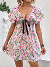 Printed V-Neck Puff Sleeve Mini Dress Casual Dresses - Tophatter Daily Deals