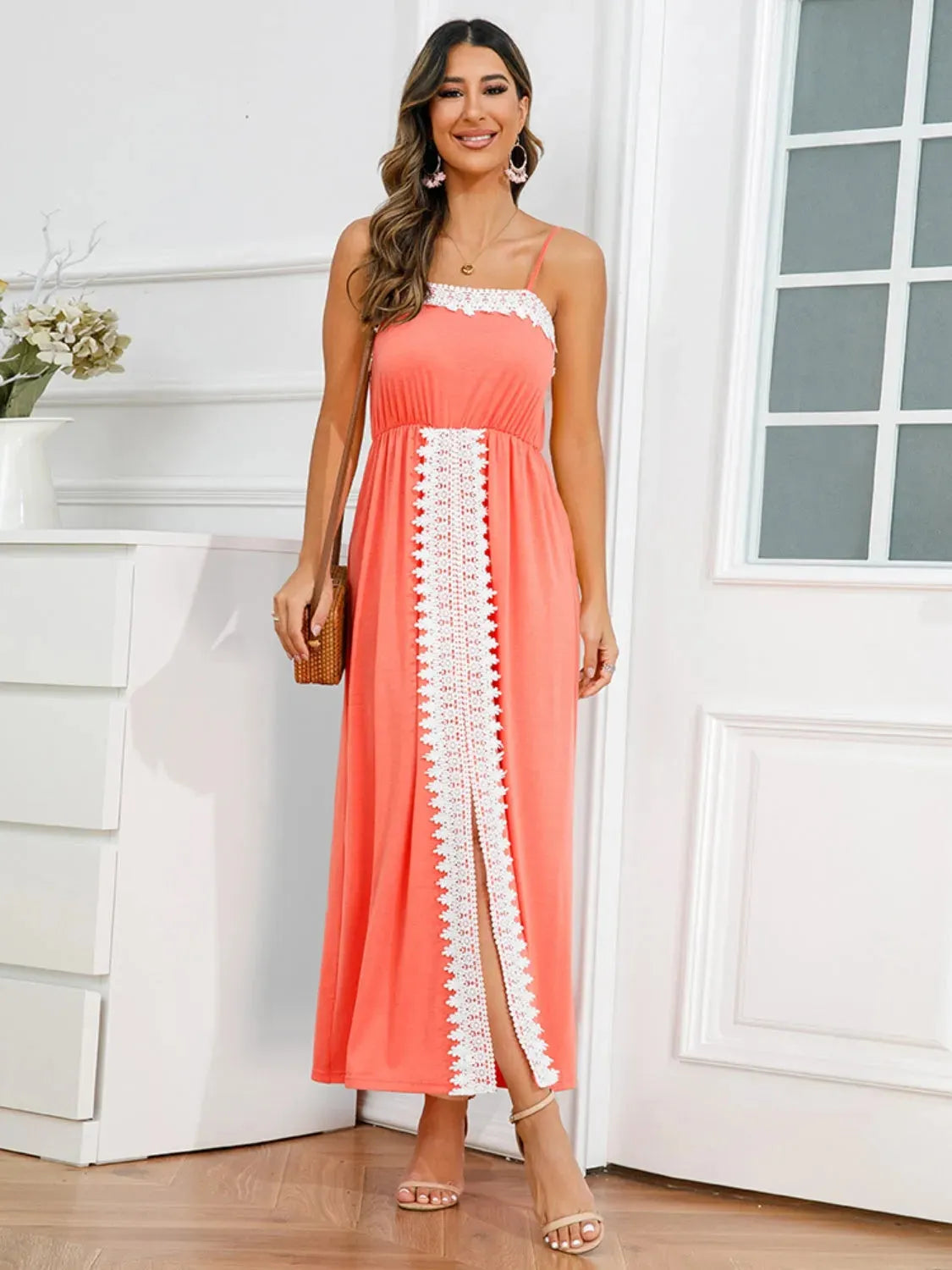 Slit Lace Detail Spaghetti Strap Dress Casual Dresses - Tophatter Daily Deals