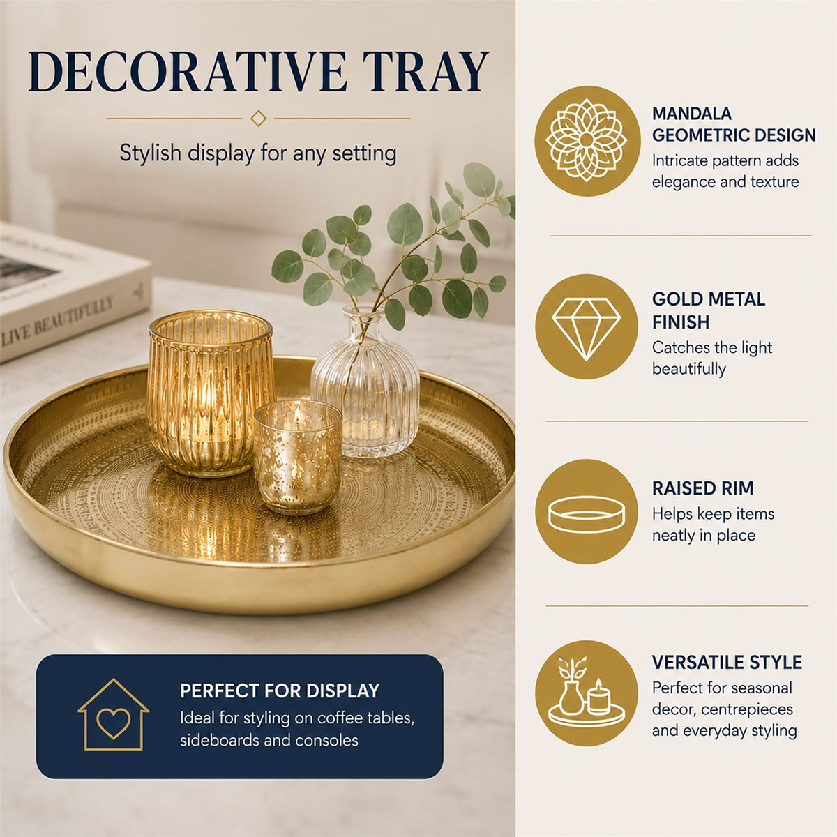 Gold Decorative Tray, 33 cm Round Coffee Table Tray with Mandala Design Tray - Tophatter Daily Deals