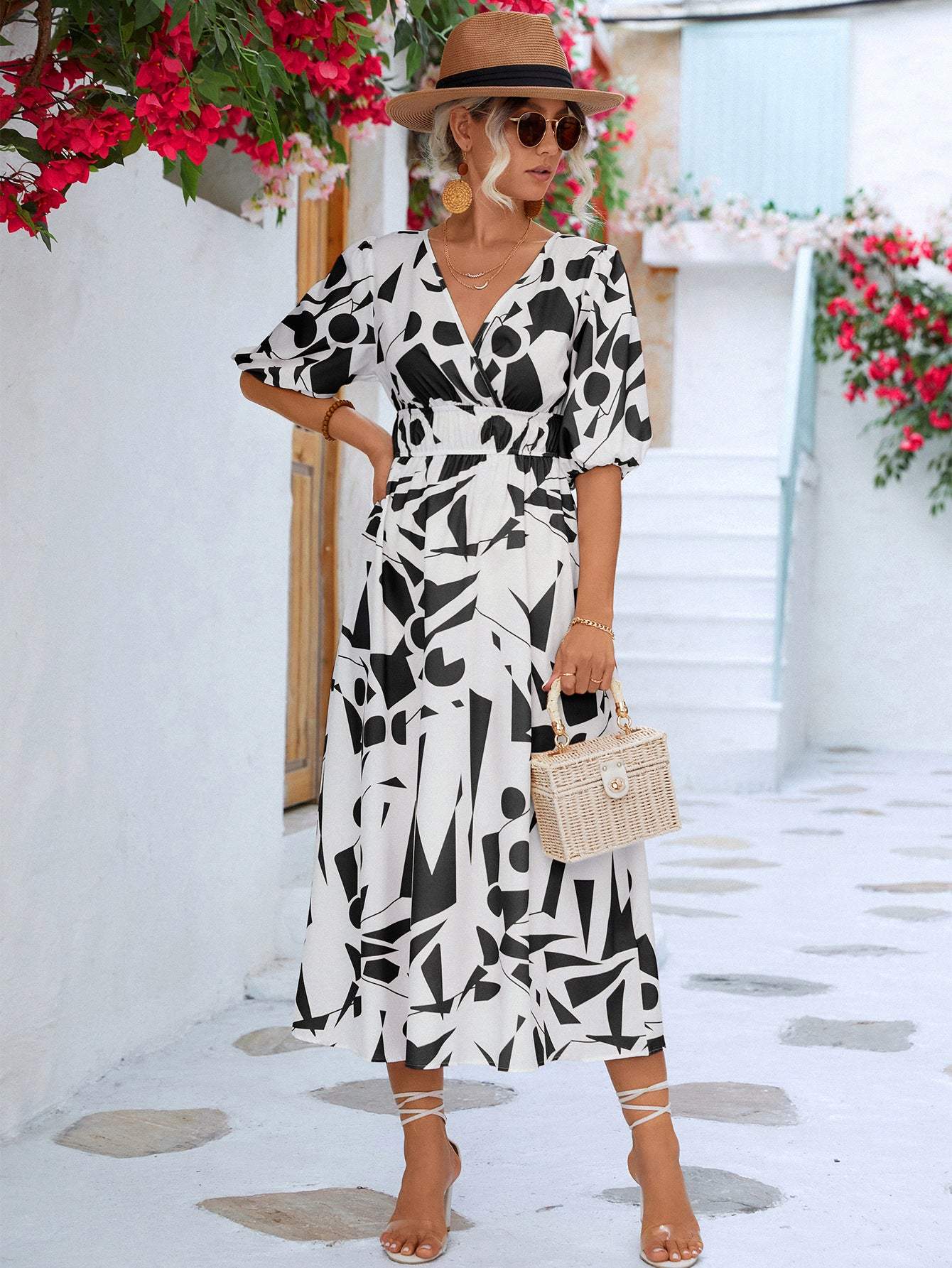 Printed Surplice Balloon Sleeve Dress Casual Dresses - Tophatter Daily Deals