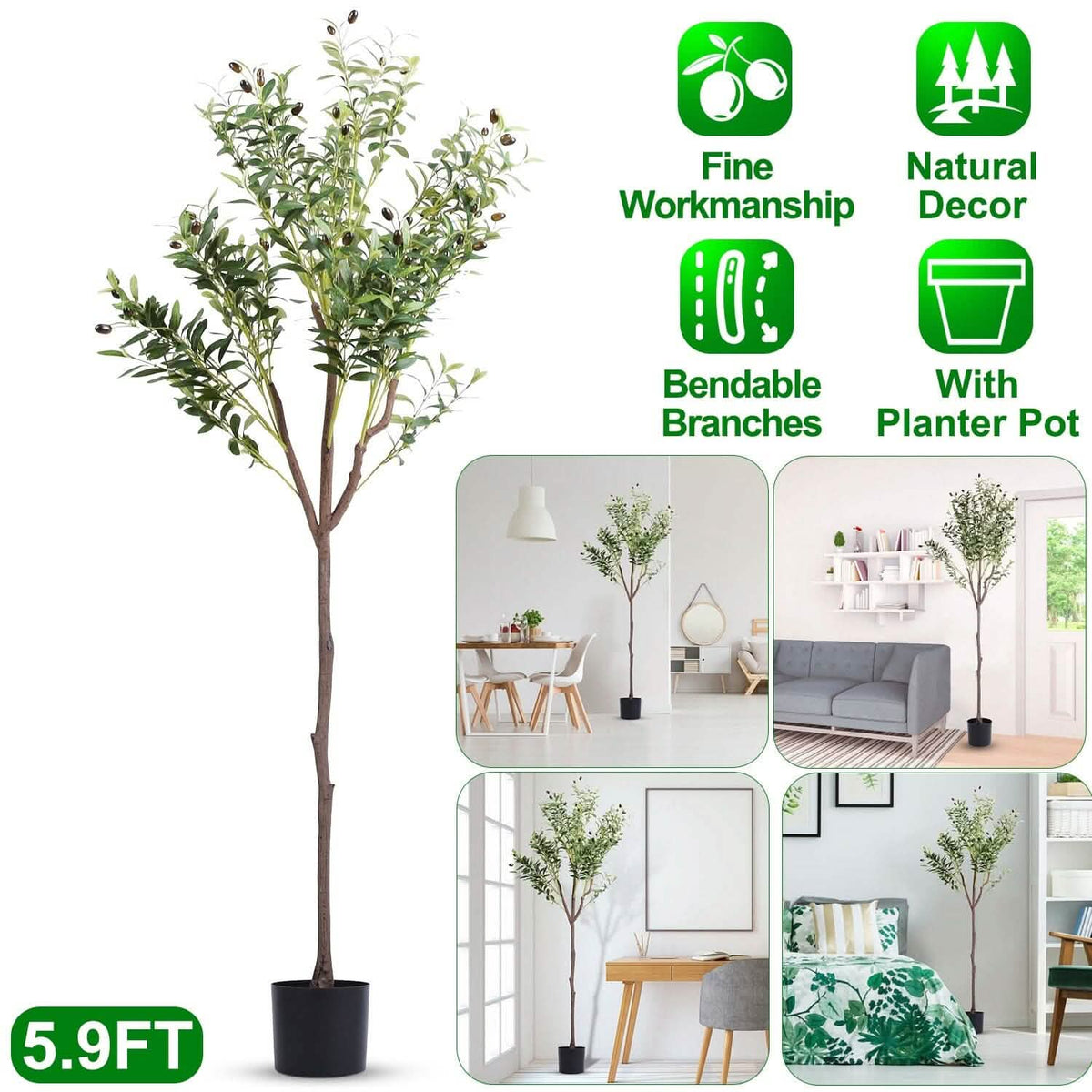 5.9ft Artificial Olive Tree with Lush Olive Branches and Fruits with Black Planter Pot Garden & Patio - Tophatter Daily Deals