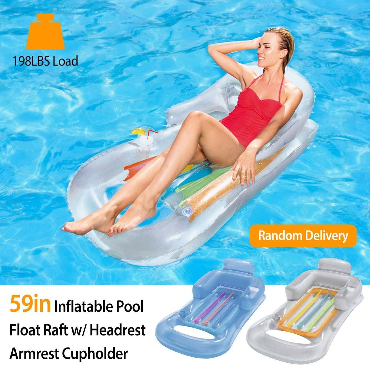 59in Inflatable Pool Float Raft with Headrest Armrest Cupholder Outdoor Recreation - Tophatter Daily Deals
