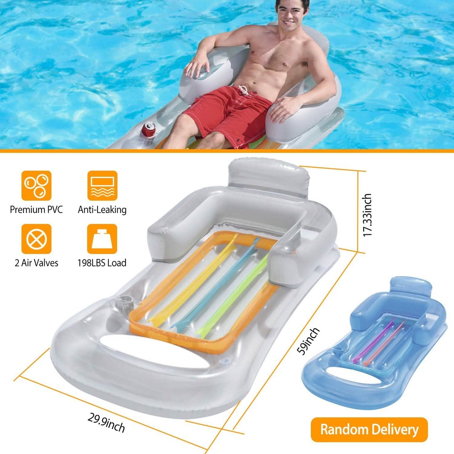 59in Inflatable Pool Float Raft with Headrest Armrest Cupholder Outdoor Recreation - Tophatter Daily Deals