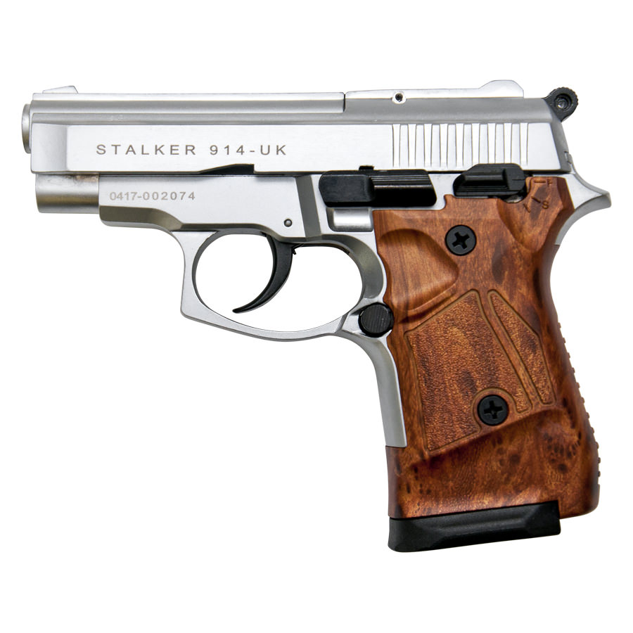 Stalker 914 Silver Finish With Wood Grips - 9mm Blank Firing Zoraki Gun - Tophatter's Guns'N'Weapons Store Collectible Weapons - Tophatter Daily Deals