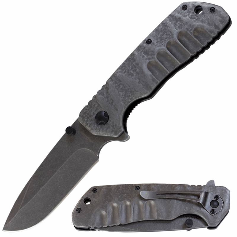 8.6" Folding Spring Assisted Tactical Stonewash Blade Pocket Knife Collectible Weapons - Tophatter Daily Deals
